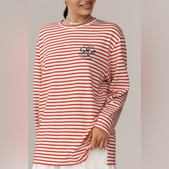 ANTHROPOLOGIE Daily Practice Cotton Long Sleeve Tee S 24” p2p Red/White $88 NWT - Picture 6 of 15